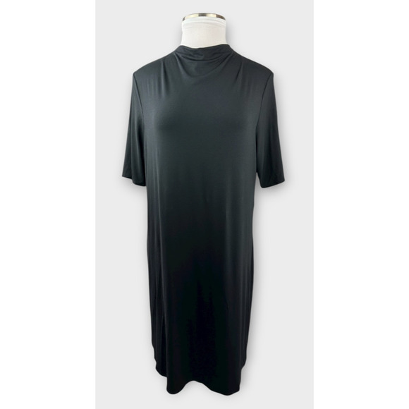 Eileen Fisher Stretch Jersey Knit Mock Neck Dress Midi Half Sleeve Black Size XL - Picture 2 of 14